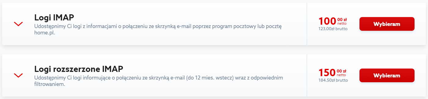 Kliknij przycisk: Wybieram, aby zamówić logi IMAP w home.pl.
