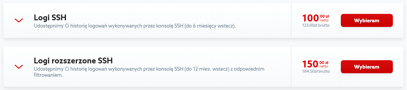 Kliknij przycisk: Wybieram, aby zamówić logi SSH dla serwera w home.pl.
