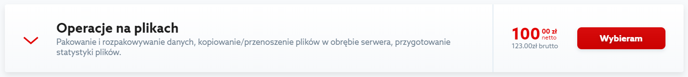 Kliknij przycisk: Wybieram, aby zamówić usługę operacji na plikach w home.pl.