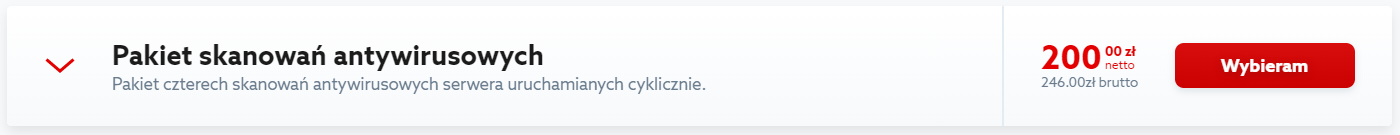 Kliknij przycisk: Wybieram, aby zamówić pakiet skanowań antywirusowych w home.pl.