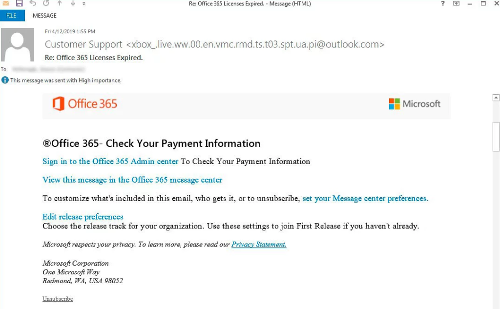 Atak phishingowy skierowany w Office 365