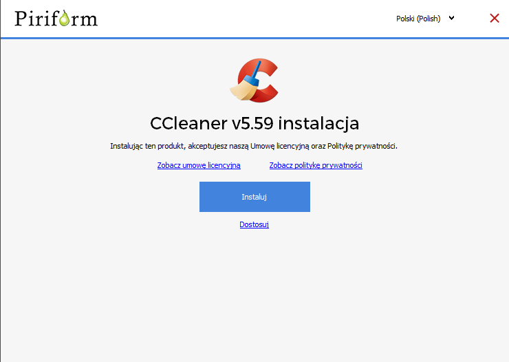 Po zmianie języka, w oknie instalacji CCleaner zostanie wyświetlony język Polski.