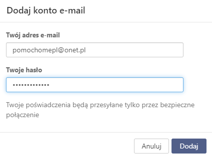 Konfiguracja konta zewnętrznego Onet.pl - wpisz adres e-mail oraz hasło dostępu.