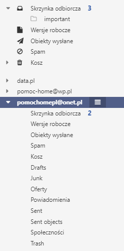 Konto zewnętrzne - widok listy folderów po dodaniu konta zewnętrznego w Poczcie home.pl.