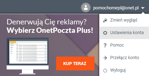Poczta Onet.pl - przejdź do sekcji: Ustawienia konta, która znajduje się w prawym górnym rogu ekranu.