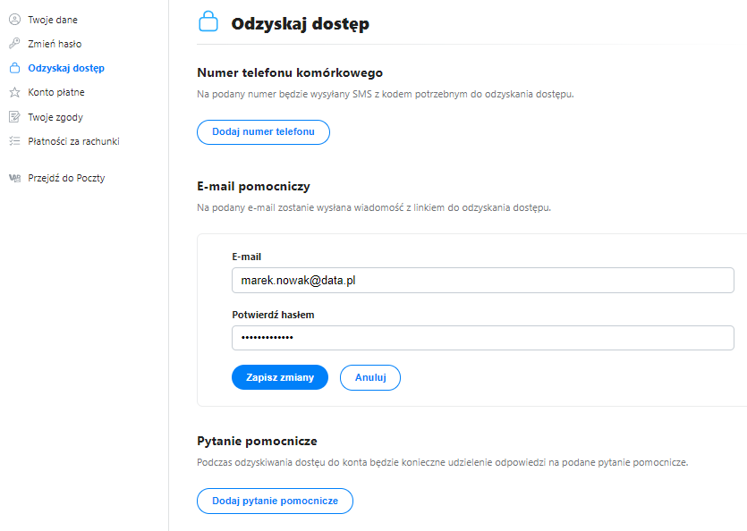 Ustawienia odzyskiwania hasła w Poczcie WP.pl - wskaż e-mail pomocniczy i pytanie pomocnicze.