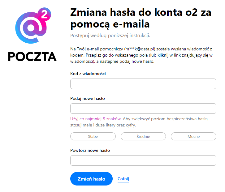 Zmiana hasła do poczty O2.pl - podaj nowe haslo