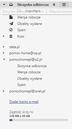 Webmail - Widok listy folderów w Poczcie home.pl.