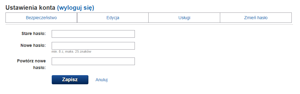 Poczta gazeta.pl - widok ustawień konta - wprowadź obecne i nowe hasło do skrzynki e-mail.