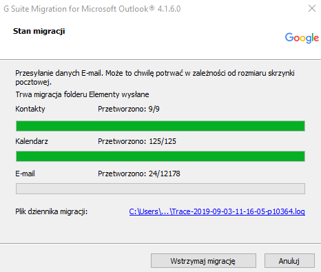 Importowanie danych do konta G Suite - stan migracji.