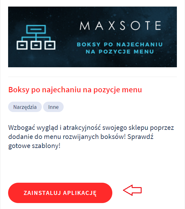 Instalacja aplikacji: Boksy po najechaniu na pozycję Menu w eSklepie w home.pl