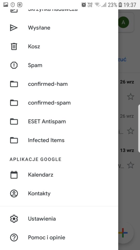 Ustawienia poczty e-mail w Gmailu - widok opcji