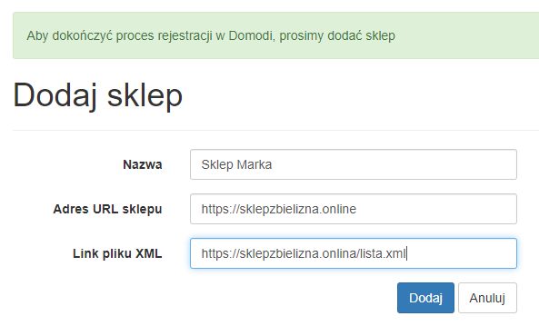 Dodaj plik XML do produktów które chcesz sprzedawać przez serwis Domodi