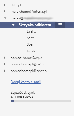 Po dodaniu konta zewnętrznego nazwa.pl, lista folderów skrzynki e-mail będzie widoczna po lewej stronie ekranu.