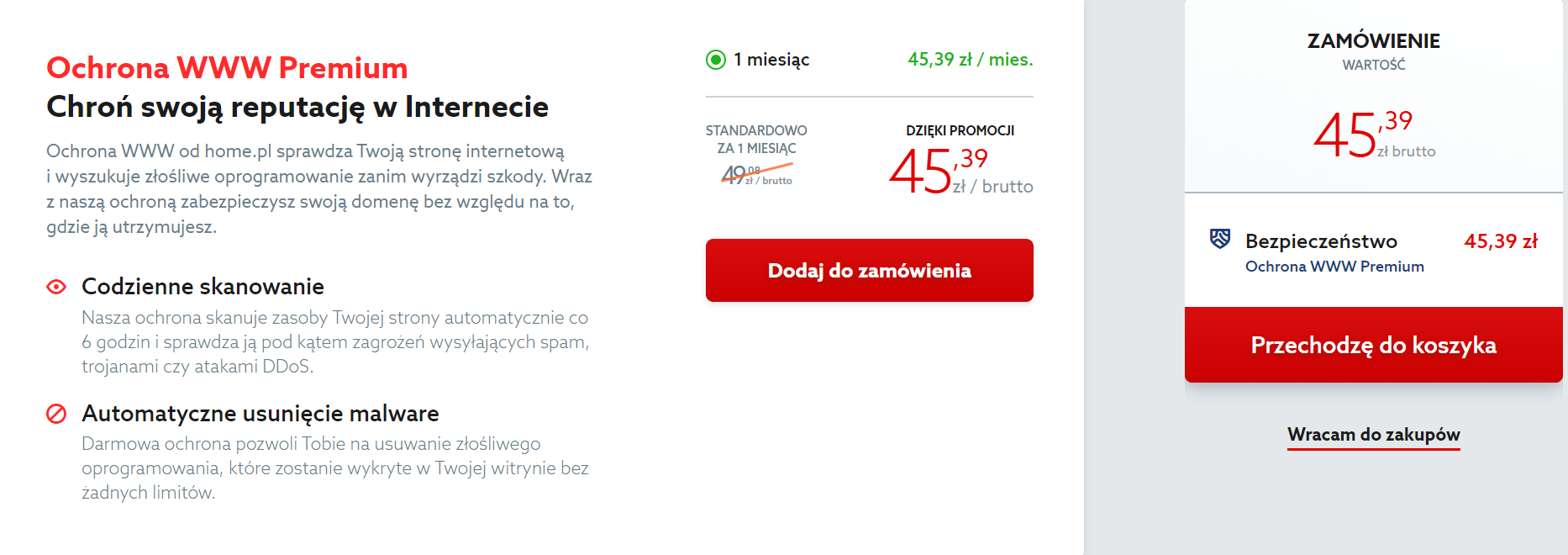Kliknij przycisk: Przechodzę do koszyka, aby zamówić usługę Ochrona WWW w home.pl.