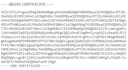 Przykładowa wartość PEM dla certyfikatu SSL, którą należy wkleić do pola: Certyfikat.