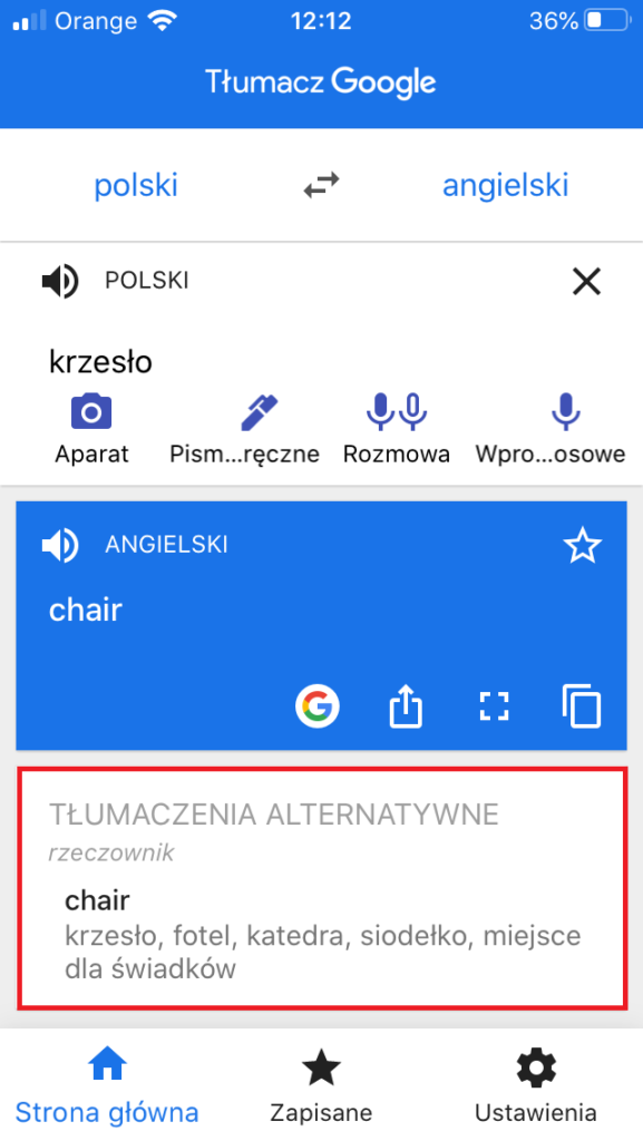 Tłumaczenie w aplikacji Google Tłumacz na smartfonie - okno z tłumaczeniem alternatywnym