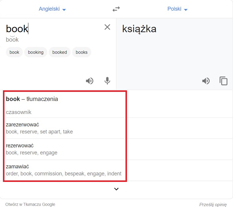 Google Translate - alternatywne tłumaczenia