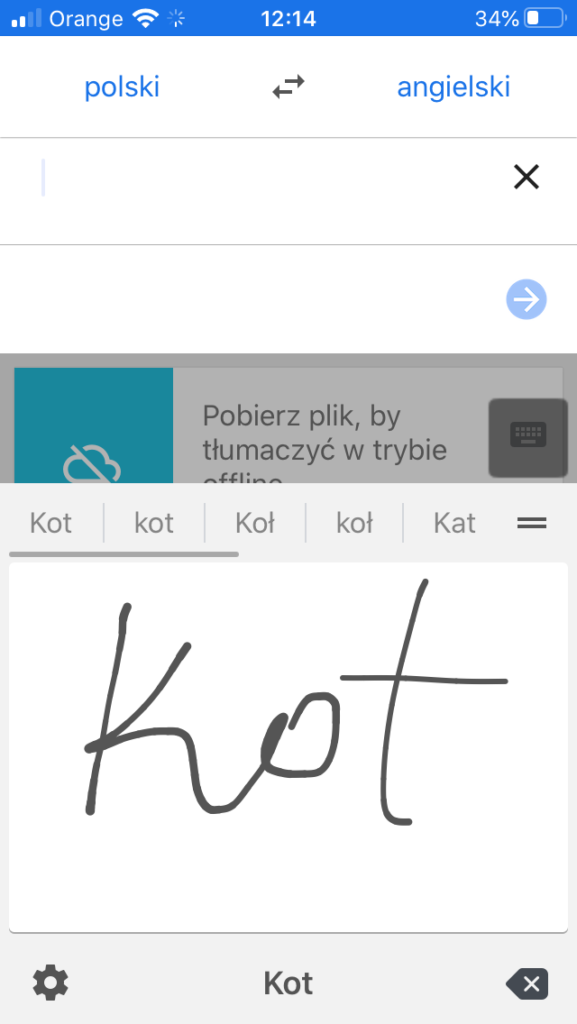 Tłumaczenia w aplikacji Tłumacza Google - pismo ręczne - wpisywanie zwrotu