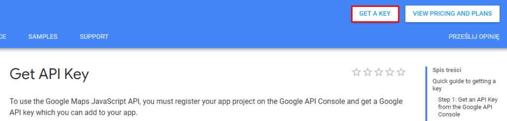 Rejestracja klucza Google Maps API