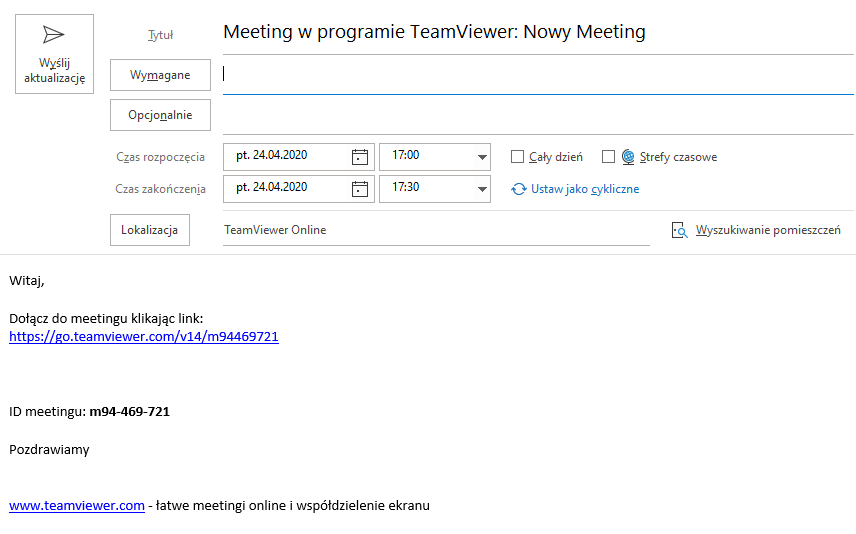 Jeśli korzystasz z Outlooka, to na ekranie zostanie uruchomione okno Outlooka do planowania spotkania.