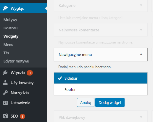 Wstawianie menu jako widget strony internetowej WordPress