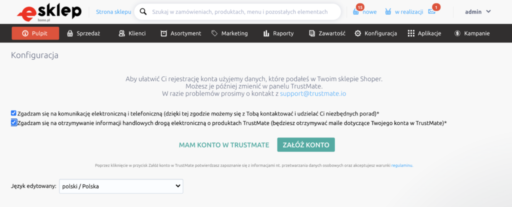 Skonfiguruj swoje konto Trust Mate z aplikacją sklepu home.pl
