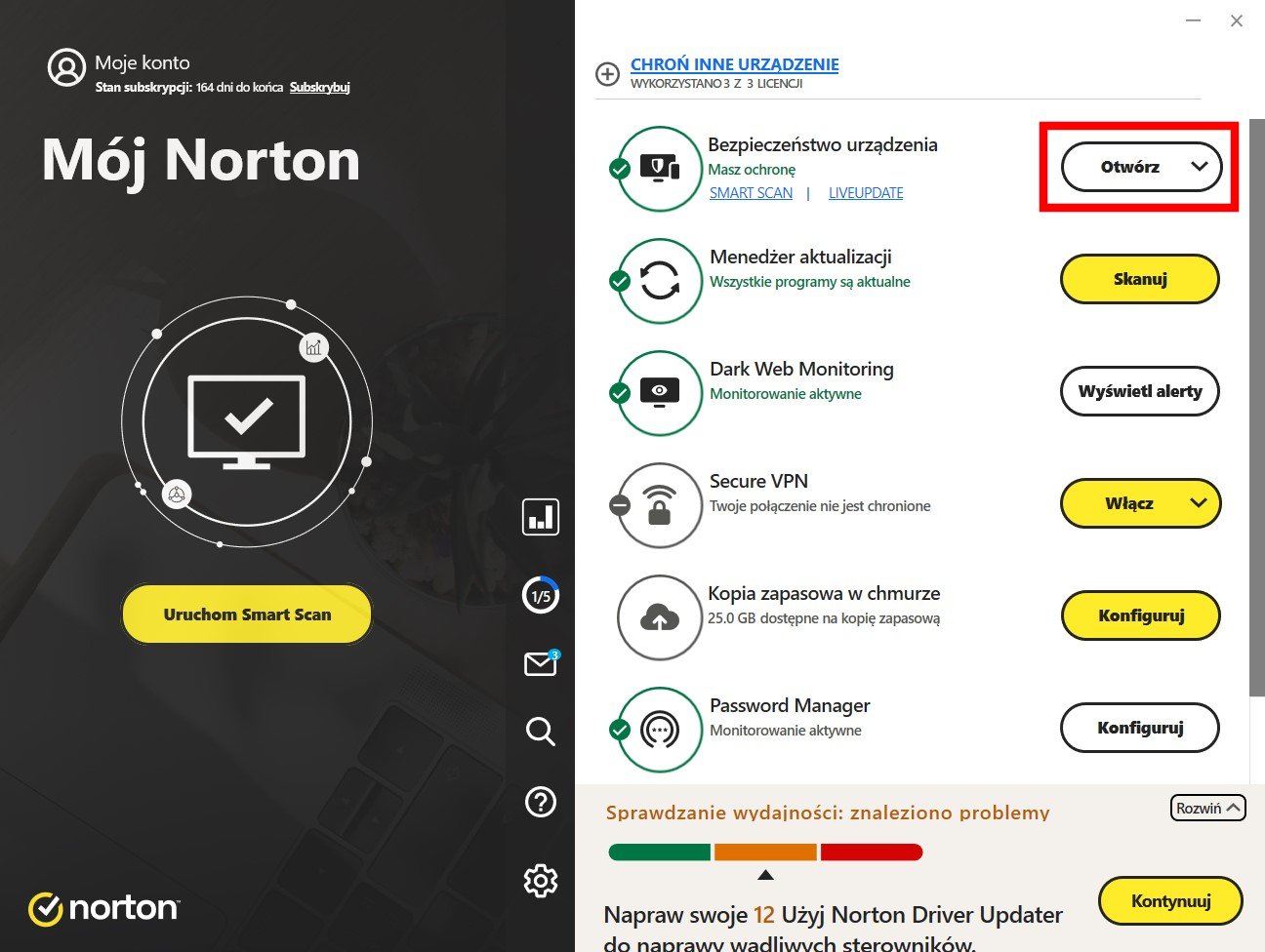 Odnowienie Norton 360 kluczem aproduktu.