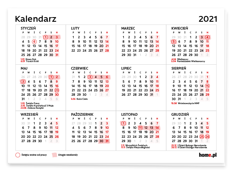 Kalendarz 2021 - długie weekendy 2021 i święta wolne od pracy