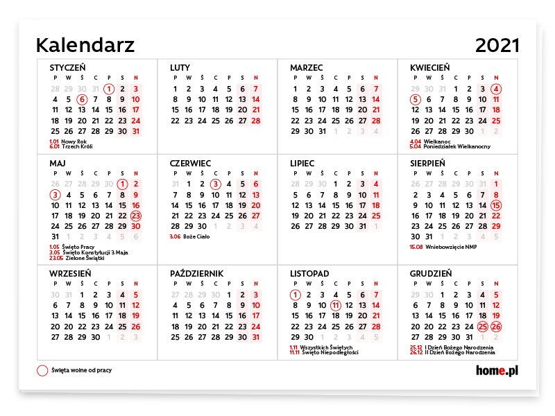 Kalendarz 2021 - święta wolne od pracy - wymiar czasu pracy 2021
