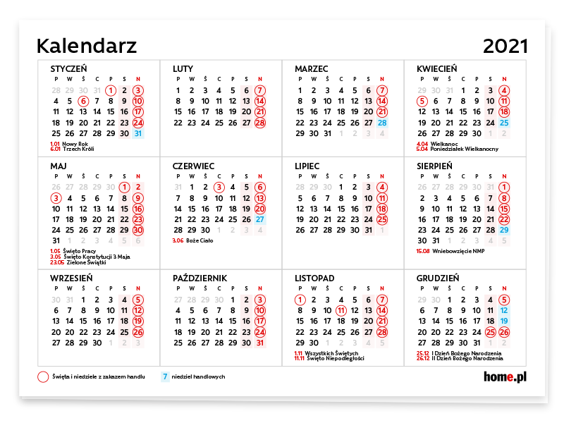 Kalendarz niedziel handlowych 2021