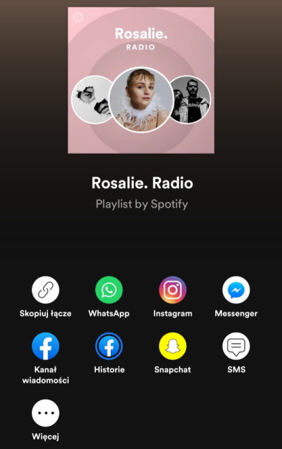 Udostępnianą playlistę możesz szybko wysłać z aplikacji Spotify do social media lub do komunikatora