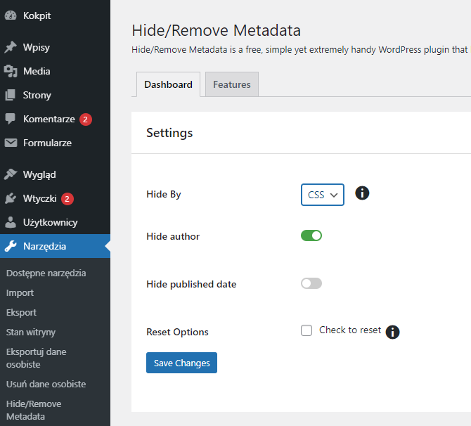 Za pomocą wtyczki Hide/Remove Metadata możesz usuwać lub ukrywać np. datę publikacji lub autora wpisu. 