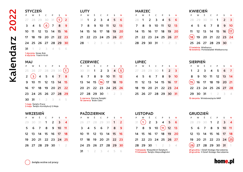 Kalendarz dni wolnych 2022