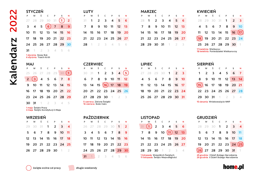 Kalendarz dni wolnych 2022