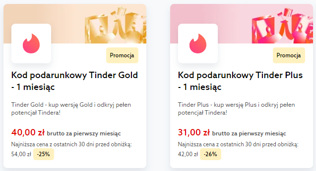 Tinder Plus i Tinder Gold - promocja