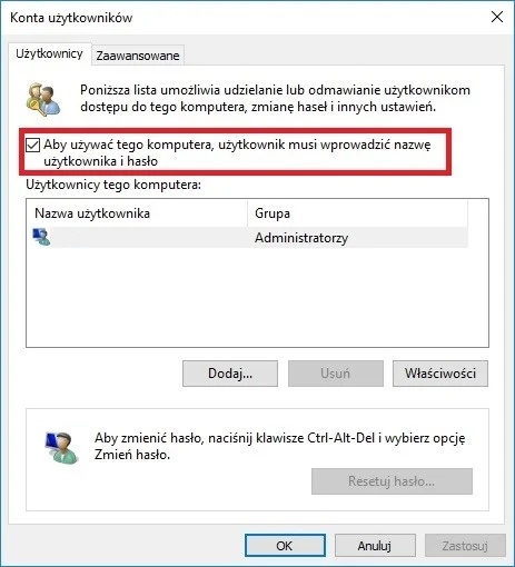 Wyłączenie hasła do logowania Windows 10.