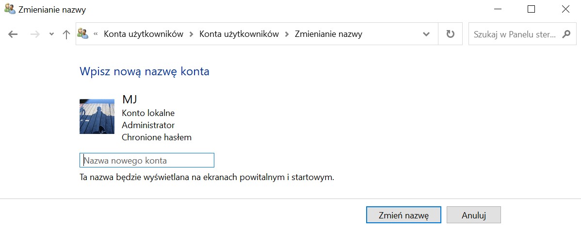Zmiana nazwy użytkownika Windows.