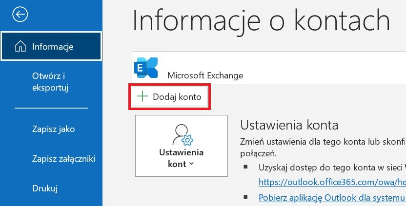 Konfiguracja poczty Microsoft Exchange w Outlooku