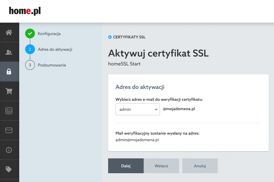 Panel klienta home.pl - Certyfikaty SSL - Wybrany certyfikat - Aktywacja - Aktywuj - Podsumowanie - Sprawdź poprawność danych i kliknij przycisk Zamów certyfikat