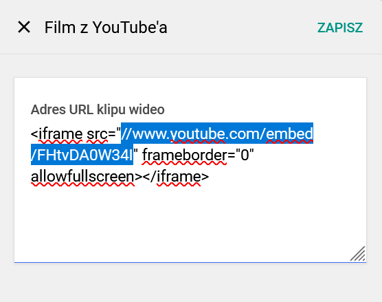 Dodawanie filmu w Kreatorze WWW. Krok 6: Zaznacz treść w cudzysłowie i zastąp ją linkiem skopiowanym wcześniej z Youtube