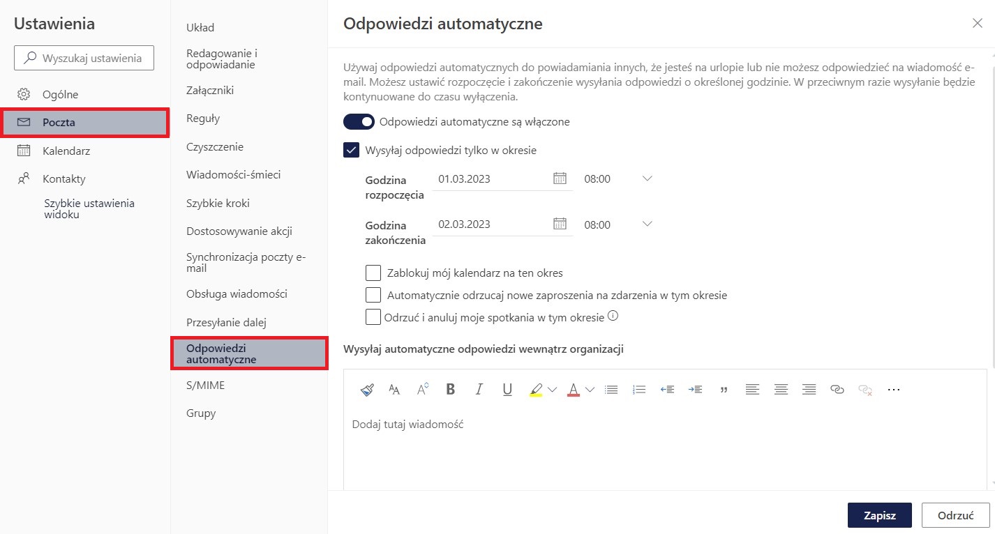 Konfigurowanie odpowiedzi automatycznych w Outlook 365.