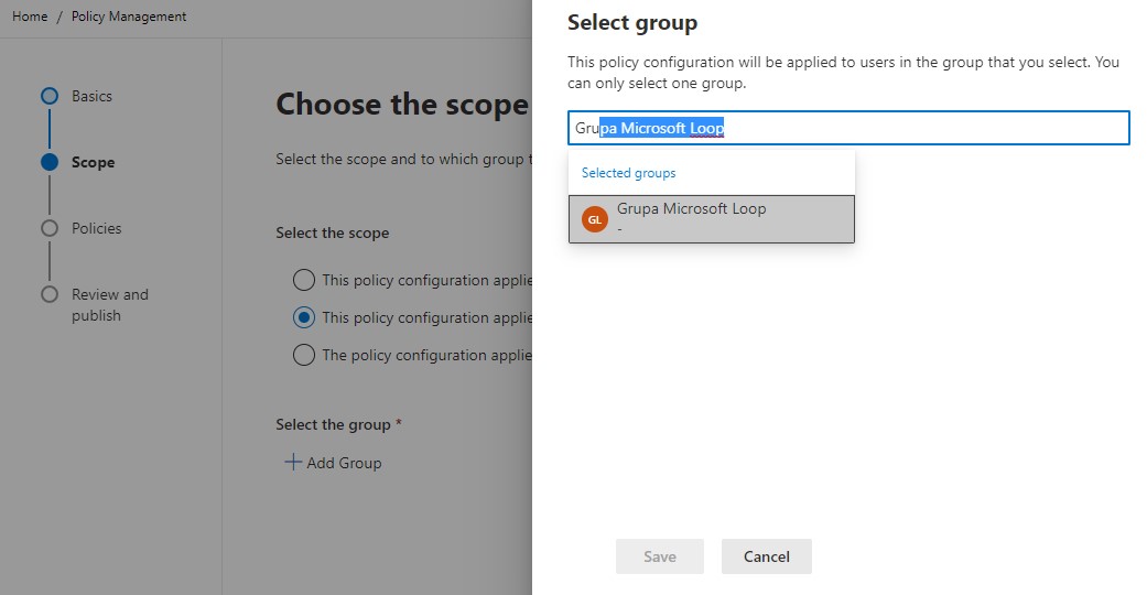 Wybór grupy zabezpieczeń w Centrum Administracyjnym Microsoft 365.