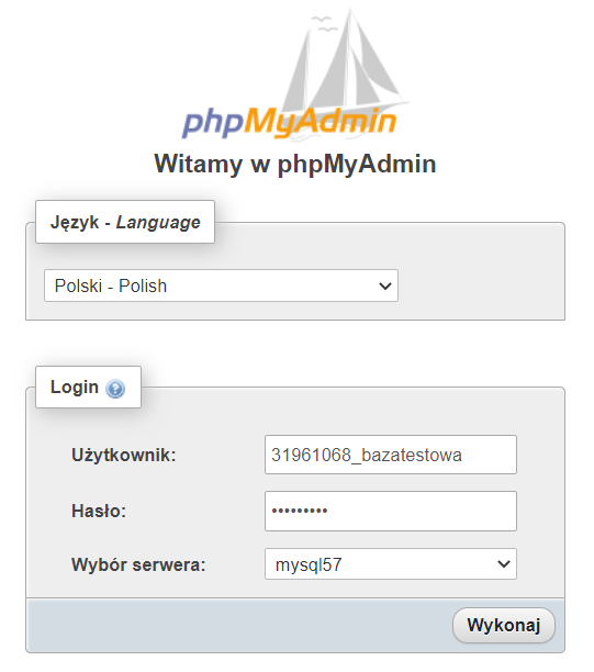 Logowanie do bazy danych przez phpMyAdmin