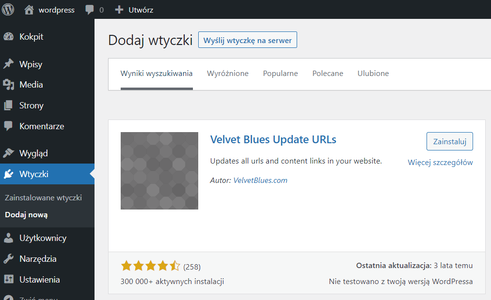 Zainstaluj wtyczkę Velvet Blue Update URLs
