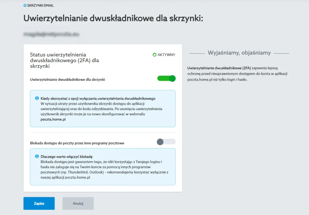 Wyłączanie 2FA skrzynki pocztowej w Panelu Klienta