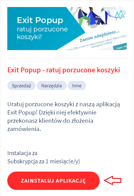 Aplikacja: Exit Pop-up. Wyszukaj i kliknij Zainstaluj aplikację