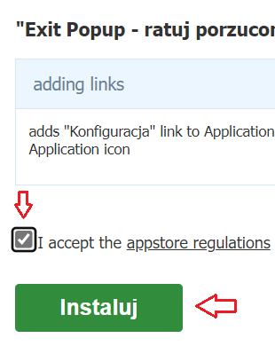 Aplikacja: Exit Pop-up. Zapoznaj się z działaniem aplikacji, zaakceptuj regulamin usługi appstore i kliknij Instaluj