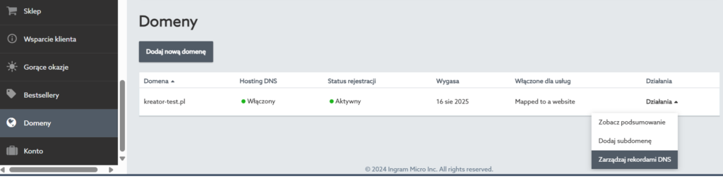 Panel Klienta - Domeny - Działania - Zarządzaj rekordami DNS