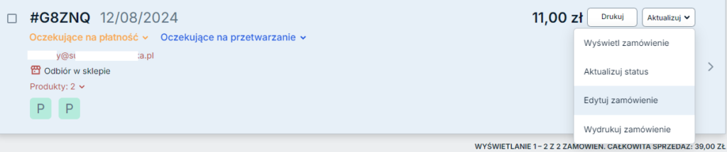 Sellastik - Moja sprzedaż - Zamówienia - Aktualizuj - Edytuj zamówienie